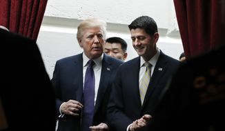President Donald Trump, left, walks with House Speaker Paul Ryan of Wis., Thursday, Nov. 16, 2017, as they leave a meeting with House Republicans on Capitol Hill in Washington. (AP Photo/Jacquelyn Martin) ** FILE **