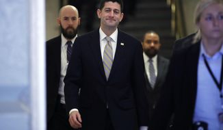 House Speaker Paul Ryan of Wis., arrives for a meeting with House Republicans and President Donald Trump, Thursday, Nov. 16, 2017, on Capitol Hill in Washington. Trump urged House Republicans Thursday to approve a near $1.5 trillion tax overhaul as the party prepared to drive the measure through the House.  (AP Photo/Jacquelyn Martin)