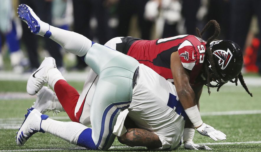 FILE- In this Nov. 12, 2017, file photo, Atlanta Falcons defensive end Adrian Clayborn (99) sacks Dallas Cowboys quarterback Dak Prescott (4) during the second half of an NFL football game in Atlanta. Clayborne&#39;s six sacks against Dallas might have come against backup tackles, but it was the latest sign of an improved unit. Atlanta plays at Seattle on Monday night. (AP Photo/John Bazemore, File)