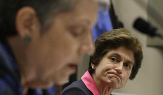 File - In this May 2, 2017, file photo, State Auditor Elaine Howle, right, looks over as University of California President Janet Napolitano reads her statement concerning the audit conducted by Howle&#39;s office, during a hearing of the Joint Legislative Audit Committee in Sacramento, Calif. Top advisers Napolitano improperly interfered in a state audit to tone down critical comments from campus administrators about the president&#39;s office, an investigation ordered by the UC regents found. The investigation finds that officials in the president&#39;s office instructed UC campuses not to &amp;quot;air dirty laundry&amp;quot; to the state auditor, according to the San Francisco Chronicle, Wednesday, Nov. 15, 2017,, which reviewed the report ahead of its public release on Thursday. (AP Photo/Rich Pedroncelli, File)