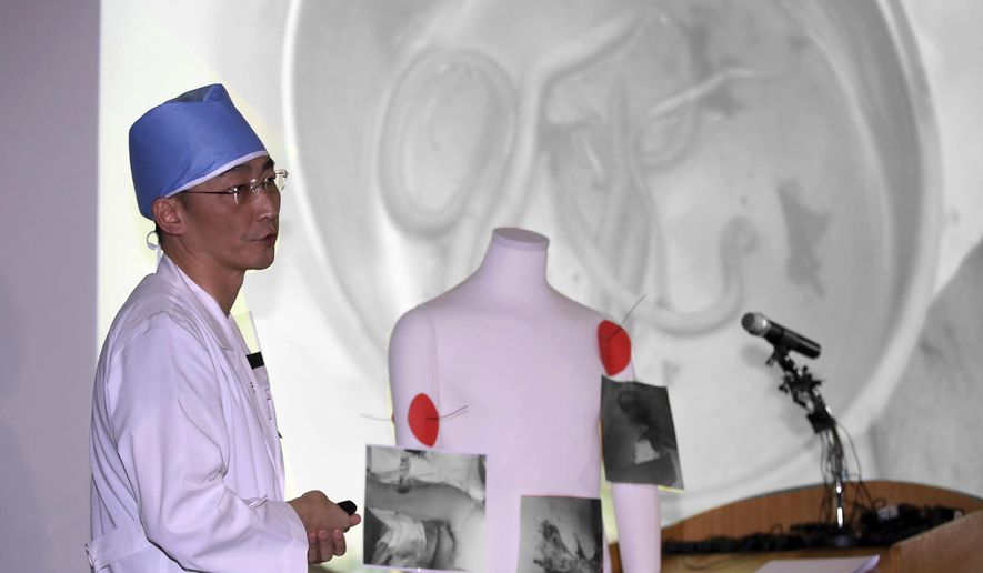 FILE - in this Nov. 15, 2017, photo, medical doctor Lee Cook-jong describes the parasites found inside the body of a North Korean soldier at Ajou University Medical Center in Suwon, South Korea. Hospital officials say on Saturday, Nov. 18, 2017, the condition of the North Korean soldier severely wounded by gunfire while escaping to South Korea is gradually improving after two surgeries but it's too early to tell whether he makes a recovery.(Kim In-chul/Yonhap via AP, File)