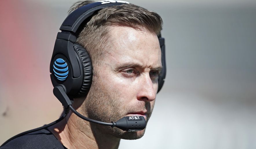 FILE - In this Oct. 21, 2017 file photo, Texas Tech coach Kliff Kingsbury walks down the sidelines during an NCAA college football in Lubbock, Texas. Since winning their first seven games after former quarterback Kingsbury became their coach in 2013, the Red Raiders are 22-31 and missed out on bowl games two of the past three seasons. (Brad Tollefson/Lubbock Avalanche-Journal via AP, File)