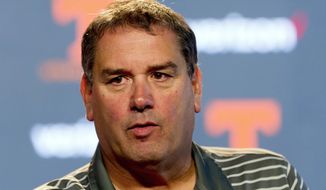 Tennessee&#39;s interim head coach Brady Hoke addresses the media ahead during an NCAA college football press conference at the Ray and Lucy Hand Digital Studio, Wednesday, Nov. 15, 2017, in Knoxville, Tenn. The Vols host No. 21 LSU on Saturday. (Calvin Mattheis/Knoxville News Sentinel via AP)
