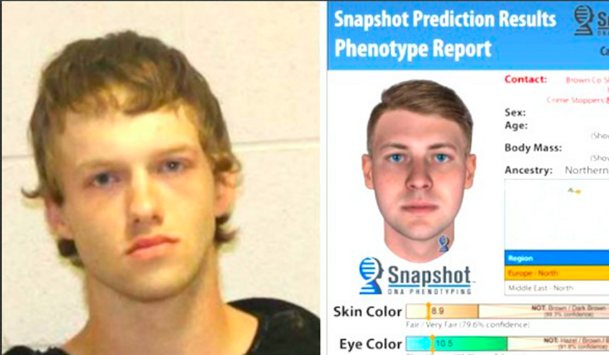 Image provided by the Brown County [Texas] Sheriff&#39;s Office via San Antonio Live. The suspect, Ryan Riggs, shown at left, confessed to an unsolved 2016 murder. The sketch at right was created by software that analyzed DNA found at the scene belonging to the perpetrator.