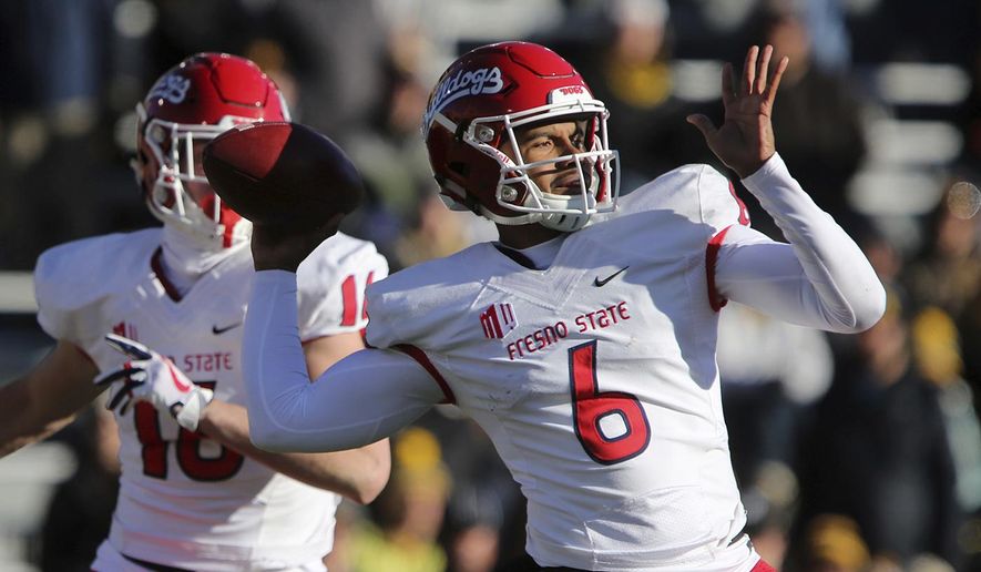 Fresno State quarterback Marcus McMaryion (6) prepares to pass the ball during the team's NCAA college football game against Wyoming on Saturday, Nov. 18, 2017, in Laramie, Wyo. (Josh Galemore/The Casper Star-Tribune via AP)