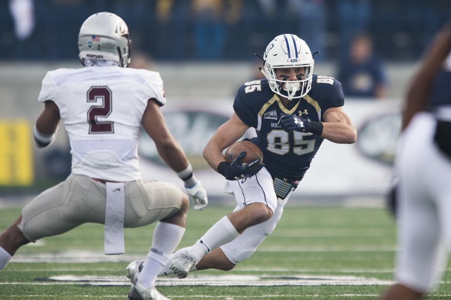 In this photo provided by Montana State University, Montana State wide receiver Kevin Kassis (85) runs past Montana cornerback Ryan McKinley (2) during the first half of an NCAA college football game Saturday, Nov. 18, 2017 in Bozeman, Mont. (Kelly Gorham/ Montana State University via AP)