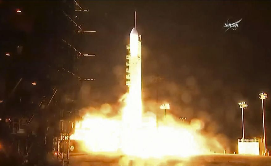 A United Launch Alliance Delta II rocket lifts off carrying the Joint Polar Satellite System-1 (JPSS-1) satellite, Saturday, Nov. 18, 2017, from Vandenberg Air Force Base, California. (NASA TV via AP)