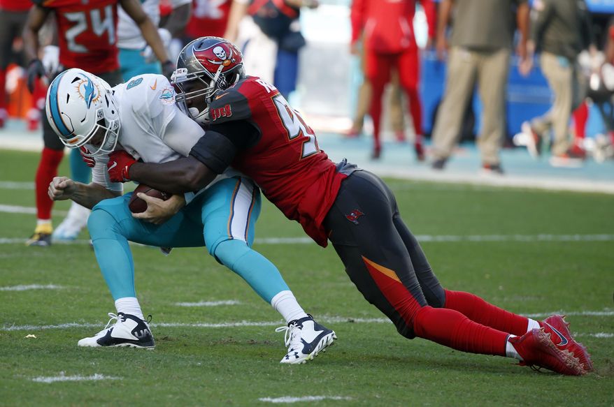 Tampa Bay Buccaneers defensive end Ryan Russell (95) sacks Miami Dolphins quarterback Jay Cutler (6), during the first half of an NFL football game, Sunday, Nov. 19, 2017, in Miami Gardens, Fla. (AP Photo/Wilfredo Lee) **FILE**