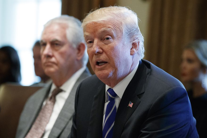 Secretary of State Rex Tillerson listens as President Donald Trump announces that the United States will designate North Korea a state sponsor of terrorism during a cabinet meeting at the White House, Monday, Nov. 20, 2017, in Washington. (AP Photo/Evan Vucci) **FILE**