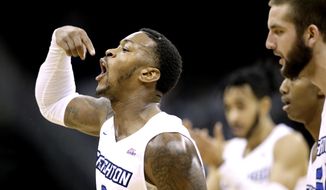 Creighton&#39;s Marcus Foster celebrates after a basket during the first half of an NCAA college basketball game against UCLA in the Hall of Fame Classic, Monday, Nov. 20, 2017, in Kansas City, Mo. (AP Photo/Charlie Riedel)
