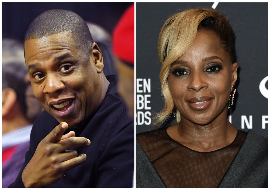 This combination photo shows rapper Jay-Z appears at a NBA basketball game between the Los Angeles Clippers and the Golden State Warriors in Los Angeles on Dec. 7, 2016, left, and Mary J Blige attends the HFPA and InStyle Celebrate the 2018 Golden Globe Awards Season in West Hollywood, Calif., on Nov. 15, 2017. Blige and Jay-Z are the most-nominated artists with five each at the upcoming NAACP Image Awards. The winners will be announced during a two-hour show on Jan. 15 hosted by Anthony Anderson of “black-ish” and broadcast live on the TV One network. (AP Photo/File)