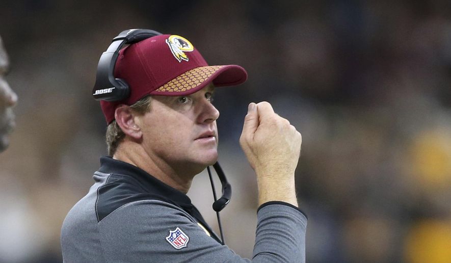 Washington Redskins head coach Jay Gruden watches from the sideline in the first half of an NFL football game against the New Orleans Saints in New Orleans, Sunday, Nov. 19, 2017. (AP Photo/Rusty Costanza) **FILE**