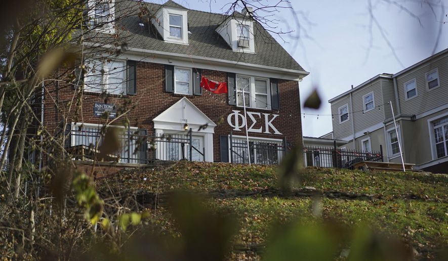 This Friday, Nov. 17, 2017 photo shows the Phi Sigma Alpha Kappa fraternity house at Ohio State University in Columbus, Ohio. Ohio State has joined a growing list of schools hitting pause on Greek life as they grapple with how to prevent hazing, alcohol misuse and other misconduct. (AP Photo/Dake Kang)