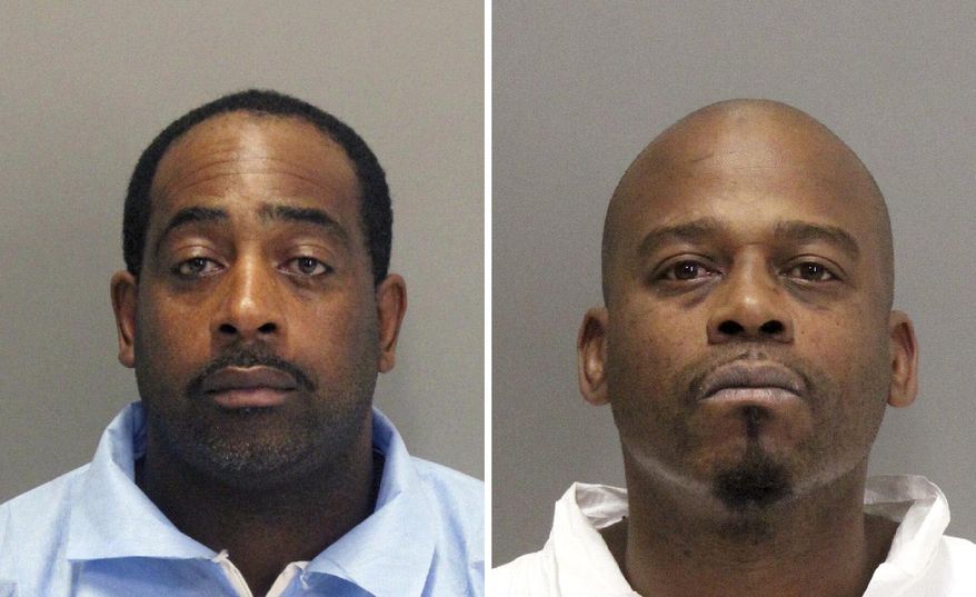 FILE - This undated combination of file photos released by the Santa Clara County Department of Corrections shows Tramel McClough, left, and John Bivins, right. Authorities say McClough, one of two inmates who escaped from a Palo Alto courthouse two weeks ago, was captured in Stockton, Calif., after a chase. California Highway Patrol officers arrested McClough Tuesday, Nov. 21, 2017, but Bivins escaped. (Santa Clara County Department of Corrections via AP, File)