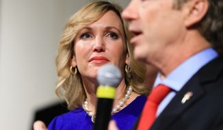 In this Feb. 1, 2016, file photo, Kelley Paul, wife of Republican Sen. Rand Paul, R-Ky, watches him speak to supporters during a caucus night rally at the Scottish Rite Consistory in Des Moines, Iowa. (AP Photo/Nati Harnik, File)