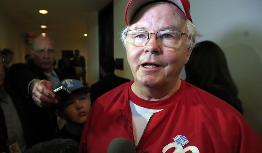 FILE - In this June 14, 2017, file photo, Rep. Joe Barton, R-Texas, speaks to reporters on Capitol Hill in Washington, about the incident where House Majority Whip Steve Scalise of La., and others, were shot during a Congressional baseball practice. Barton is apologizing after a nude photo of him circulated on social media. Barton released a statement on Nov. 22 to the Texas Tribune acknowledging that while separated from his second wife, prior to their divorce, he had sexual relationships &amp;quot;with other mature adult women.&amp;quot; (AP Photo/Manuel Balce Ceneta, File)