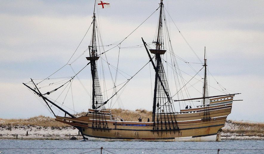 FILE - In this Dec. 12, 2014 file photo, the Mayflower II, a replica of the original ship that brought Pilgrims to Massachusetts in 1620, passes a jetty as it is towed out of Plymouth Harbor in Plymouth, Mass. Restoration of the ship continues in November 2017, at the Henry B. duPont Preservation Shipyard at Connecticut's Mystic Seaport. It is expected to be completed in 2019. (AP Photo/Stephan Savoia, File)