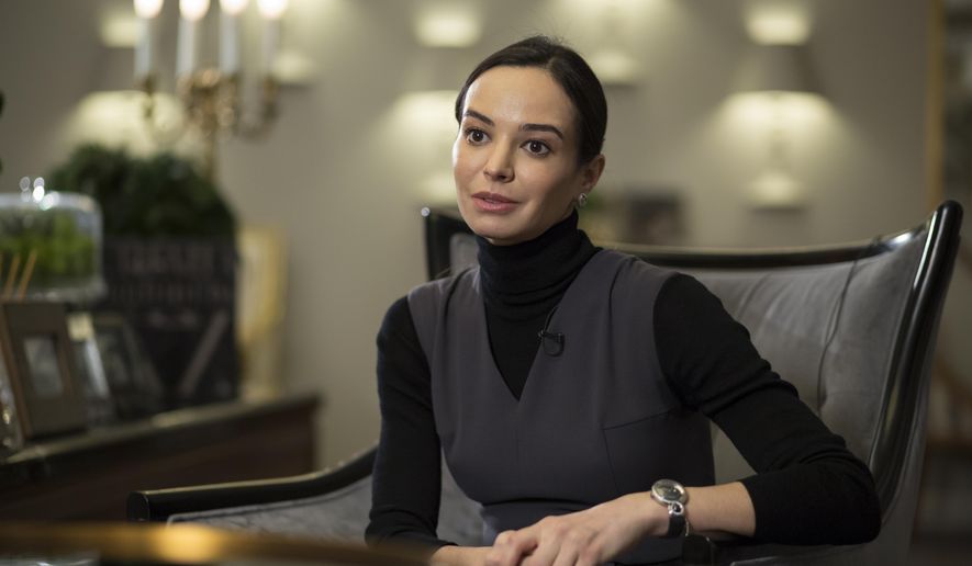 In this photo taken on Thursday, Nov. 9, 2017, Russian ballerina Diana Vishneva speaks during an interview with the Associated Press in Moscow, Russia . Diana Vishneva, a prima ballerina at the Mariinsky Theater in St. Petersburg who also held a position of a principal dancer at American Ballet Theater from 2005 until June, has brought to Russia her brainchild, the festival of contemporary dance Context. The festival is a week of shows, workshops and meet-the-artists sessions held both in Moscow and St. Petersburg. (AP Photo/Alexander Zemlianichenko)