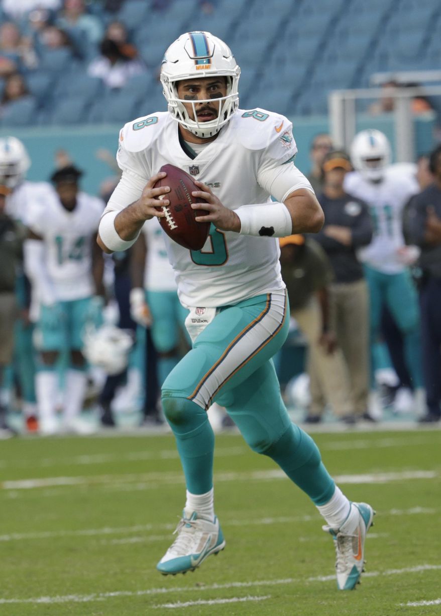 FILE - In this Sunday, Nov. 19, 2017, file photo, Miami Dolphins quarterback Matt Moore (8) looks to pass the ball during the second half of an NFL football game against the Tampa Bay Buccaneers, in Miami Gardens, Fla. The New England Patriots have won six straight and are again the team to beat in the AFC East. They will play five of their final six games against division opponents. First up is the Dolphins, on Sunday, Nov. 26, who have lost four straight and may have to give Moore his second start this season at quarterback with Jay Cutler in the concussion protocol. (AP Photo/Lynne Sladky, File)