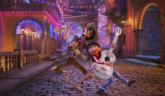 In this image released by Disney-Pixar, character Hector, voiced by Gael Garcia Bernal, left, and Miguel, voiced by Anthony Gonzalez, appear in a scene from the animated film, &amp;quot;Coco.&amp;quot; (Disney-Pixar via AP)