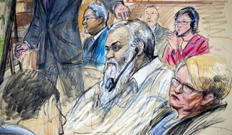 FILE - This Oct. 2, 2017, file courtroom sketch depicts Ahmed Abu Khattala listening to a interpreter through earphones during the opening statement by assistant U.S. attorney John Crabb, second from left, at federal court in Washington, in the trial presided by U.S. District Judge Christopher Cooper. Defense attorney Jeffery Robinson, sits behind Crabb in a light blue suit and Michelle Peterson, also a member of the defense team, is at far right. A federal jury has found a suspected Libyan militant not guilty of the most serious charges stemming from the 2012 Benghazi attacks that killed the U.S. ambassador and three other Americans. Jurors on Nov. 28, 2017, convicted Ahmed Abu Khattala of terrorism-related charges but acquitted him of murder. (Dana Verkouteren via AP)