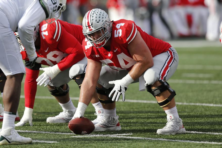 This Nov. 11, 2017, photo shows Ohio State offensive lineman Billy Price playing against Michigan State during an NCAA college football game in Columbus, Ohio. No. 8 Ohio State’s improved offensive line will have a big challenge slowing down No. 3 Wisconsin’s powerful defensive front. The Buckeyes’ line has stabilized after an inconsistent season in 2016. They’ll face a Badgers front that anchors the best defense in the nation. Wisconsin is limiting opponents to an average of just 236.9 yards per game. (AP Photo/Jay LaPrete)