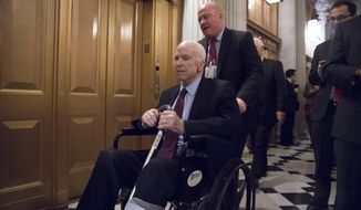 Senate Armed Services Chairman John McCain, R-Ariz., arrives for votes on Capitol Hill in Washington, Monday evening, Nov. 27, 2017. President Donald Trump and Senate Republicans are scrambling to change a Republican tax bill in an effort to win over holdout GOP senators and pass a tax package by the end of the year. (AP Photo/J. Scott Applewhite)