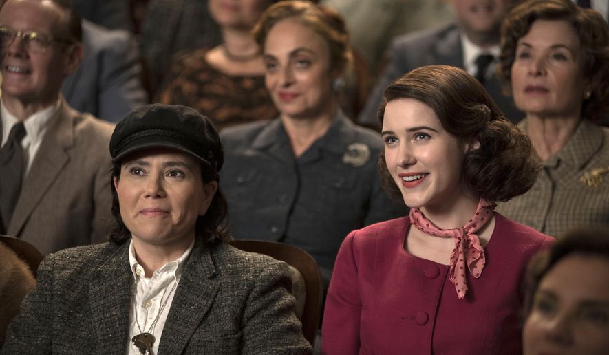 This image released by Amazon shows Alex Borstein as Susie Myerson, left, and Rachel Brosnahan as Midge Maisel in "The Marvelous Mrs. Maisel." (Nicole Rivelli/Amazon via AP)