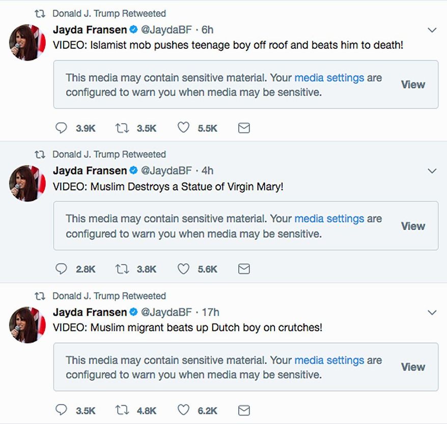 This screenshot from President Donald Trump's Twitter account shows three retweets that he posted early Wednesday morning, Nov. 29, 2017, from the account of Jayda Fransen, the deputy leader of the British far-right fringe group Britain First. The origins of the videos in the tweets could not immediately be determined. They purport to show violence being committed by Muslims. (Twitter via AP) (CREDIT)