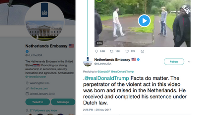 Screen capture of a Nov. 29, 2017 tweet by the Netherlands Embassy in Washington, D.C., taking President Trump to task over a tweet it said contained false information (Twitter)