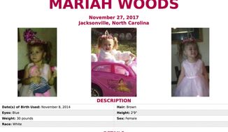 This image released by the FBI shows the seeking information poster for Mariah Woods. Local, state and federal law enforcement agencies are combining efforts to find the 3-year-old North Carolina girl missing from her home. FBI agent Stanley Meador told a news conference Tuesday, Nov. 28, 2017,  that neighboring sheriff&#x27;s offices have provided assistance in the search for Mariah Kay Woods. Onslow County Sheriff Hans Miller said military personnel are also looking from the girl, who was reported missing from her home on Monday, Nov. 27. (FBI via AP)