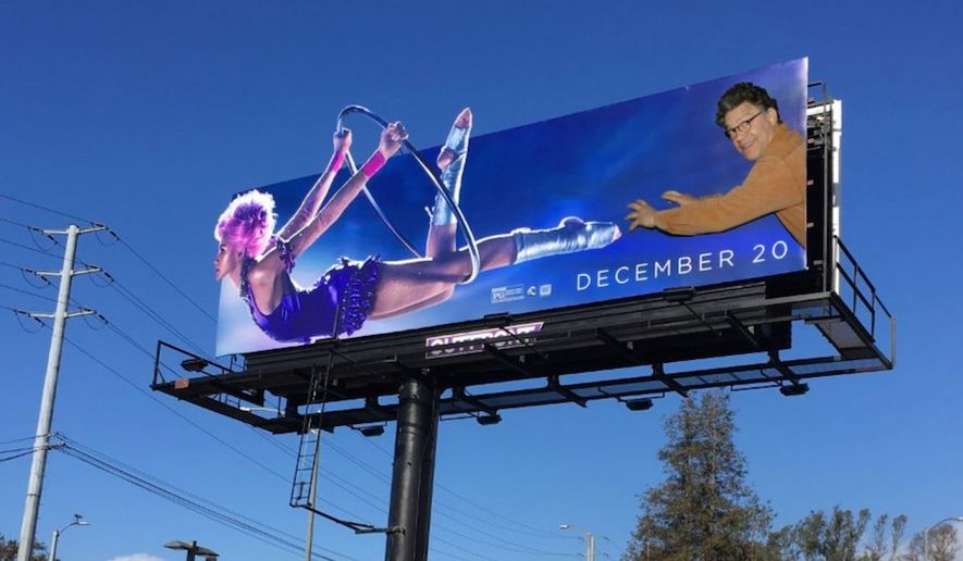 An altered billboard for actor Hugh Jackman's &quot;Greatest Showman&quot; welcomes commuters in Los Angles, California, Nov. 30, 2017. The street artist known as Sabo used an image of Minnesota Sen. Al Franken to draw attention to his sexual misconduct scandal. (Image: Twitter, Unsavory Agents)