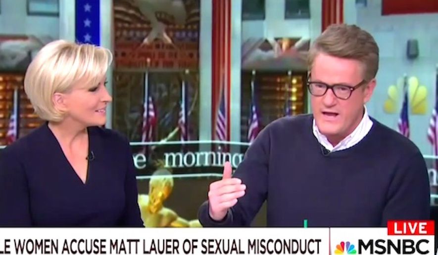 MSNBC's Joe Scarborough and "Morning Joe" co-host Mika Brzezinski discuss disgraced NBC star Matt Lauer on Nov. 30, 2017. (Image: MSNBC screenshot)