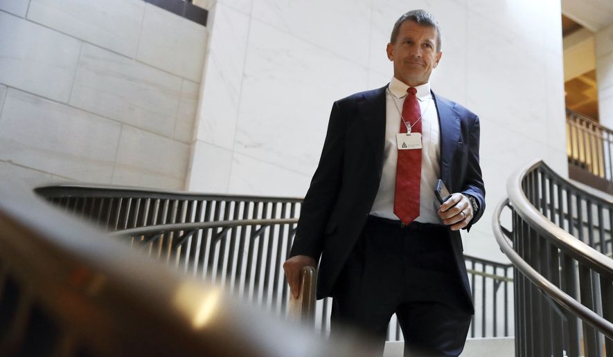 Blackwater founder Erik Prince arrives for a closed meeting with members of the House Intelligence Committee, Thursday, Nov. 30, 2017, on Capitol Hill in Washington. (AP Photo/Jacquelyn Martin) ** FILE **