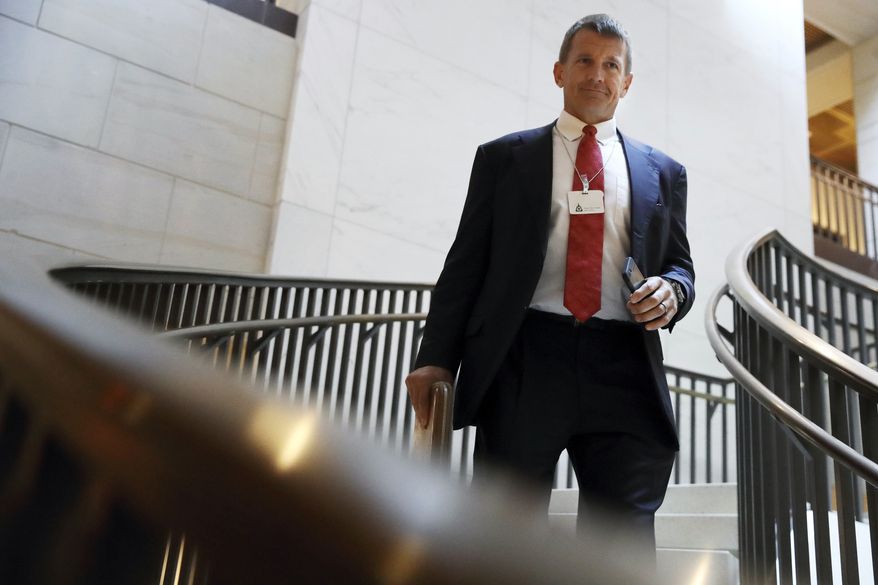 Blackwater founder Erik Prince arrives for a closed meeting with members of the House Intelligence Committee, Thursday, Nov. 30, 2017, on Capitol Hill in Washington. (AP Photo/Jacquelyn Martin) ** FILE **