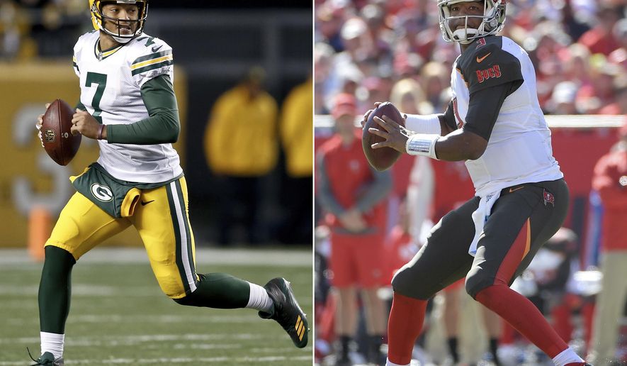 FILE - At left, in a Nov. 26, 2017, file photo, Green Bay Packers quarterback Brett Hundley (7) plays in an NFL football game against the Pittsburgh Steelers, in Pittsburgh. At right, in an Oct. 29, 2017, file photo, Tampa Bay Buccaneers quarterback Jameis Winston (3) sets up to throw a pass during the second half of an NFL football game against the Carolina Panthers, in Tampa, Fla. The Packers’ best shot to return to the playoffs involves winning their last five games of the season, starting Sunday against the last-place Tampa Bay Buccaneers.  (AP Photo/File)