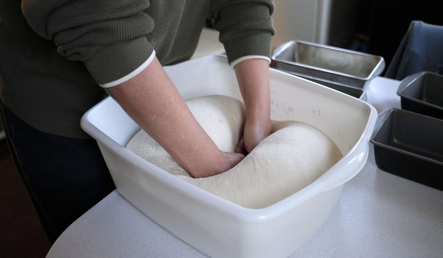 In this Nov. 20, 2017 photo, Paula Owen punches down bread, in her Steeleville, Ill., home. She had mixed the dough the night before using wild yeast that her family has kept alive for more than 100 years.This is the same bread recipe that Owen's mother used, and her mother before her. Owen said her mother would rub the tops of her loaves with bacon grease before they went into the oven, however she said she doesn't cook bacon enough to do that, which is why she uses margarine or butter. (Isaac Smith/The Southern, via AP)