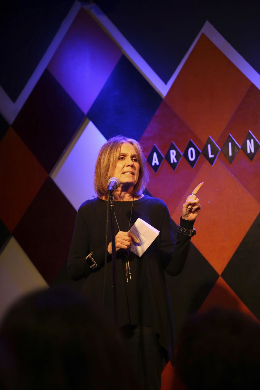 In this photo provided by Ms. Foundation, Ms. Foundation Founding Mother Gloria Steinem performs at "Laughter is the Best Resistance" at Carolines on Broadway, Wednesday, Nov. 29, 2017, in New York. Feminist leader Steinem tried her hand at standup comedy, taking the mic at a benefit for the Ms. Foundation for Women at a Manhattan comedy club. (Mark Clennon/Ms. Foundation via AP)
