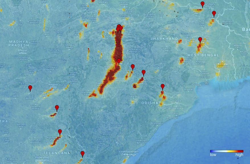 Image released by European Space Agency ESA on Friday, Dec. 1, 2017 shows pollution from power plants in India taken by Copernicus Sentinel-5P on Nov. 10, 2017. Sentinel-5P is the first Copernicus mission dedicated to monitoring our atmosphere. (KNMI/ESA via AP)
