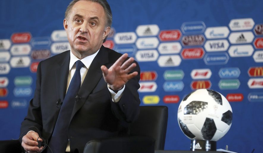 Vitaly Mutko, Russian Federation Deputy Prime Minister &amp;amp; Local Organising Committee Chairman gestures during a press conference ahead of the 2018 soccer World Cup draw in the Kremlin in Moscow, Friday Dec. 1, 2017. (AP Photo)