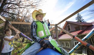 In this Oct. 28, 2017 photo, Shawn Rake, 11, trains on his practice rig with the help of his younger brother, Jason, 9, in Equinunk, Pa. Most 11-year-olds ride bikes. Shawn Rake rides bulls. Competing under the BLM Bull and Rodeo Co. in Virginia, the Equinunk boy started riding miniature bulls in the summer. Although the animals are called miniature, they can weigh more than 800 pounds.(Frank Wilkes Lesnefsky/The Times &amp;amp; Tribune via AP)