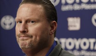 New York Giants head coach Ben McAdoo speaks at a news conference after an NFL football game between the Oakland Raiders and the Giants in Oakland, Calif., Sunday, Dec. 3, 2017. (AP Photo/Marcio Jose Sanchez)