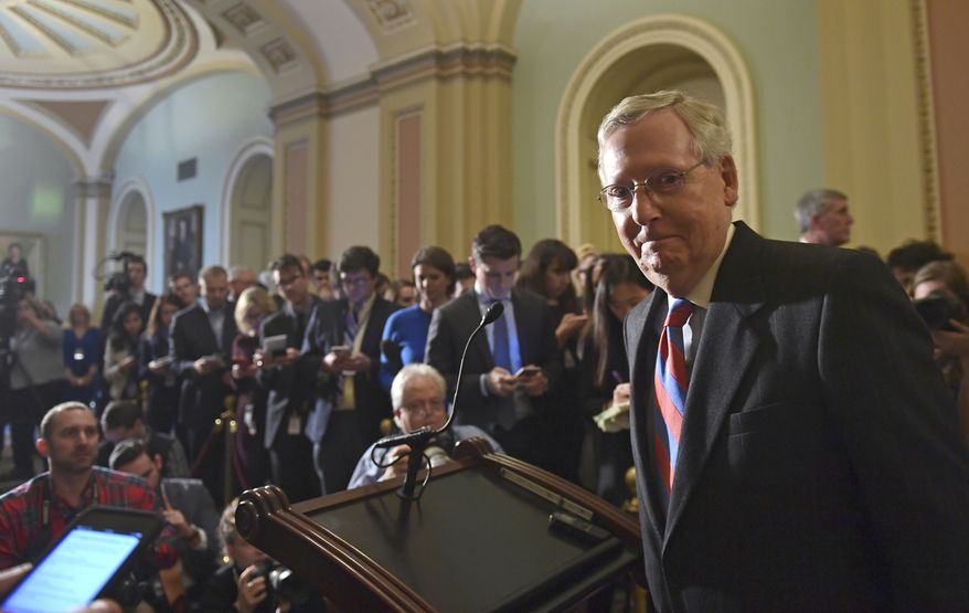 Senate Majority Leader Mitch McConnell of Ky., finishes speaking to reporters on Capitol Hill in Washington, Tuesday, Dec. 5, 2017, following the Republican's weekly policy luncheon. (AP Photo/Susan Walsh)
