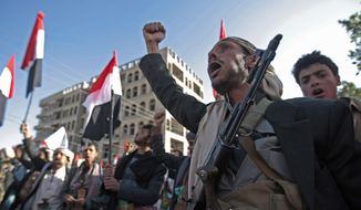 Supporters of Shiite Houthi rebels attend a rally in Sanaa, Yemen, Tuesday, Dec. 5, 2017, in this file photo. The killing of Yemen&#39;s ex-President Ali Abdullah Saleh by the country&#39;s Shiite rebels on Monday, as their alliance crumbled, has thrown the nearly three-year civil war into unpredictable new chaos. (AP Photo/Hani Mohammed) **FILE**