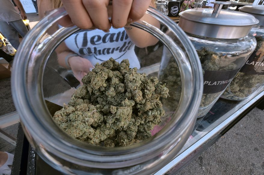 This Saturday, Nov. 11, 2017 file photo shows one of an assortment of marijuana strains during the High Times Harvest Cup in San Bernardino, Calif. On Wednesday, Dec. 6, 2017, the Los Angeles City Council is expected to consider a dense set of regulations that will dictate where pot can be grown and sold in the new market, along with how businesses will be licensed in L.A. (AP Photo/Richard Vogel, File)