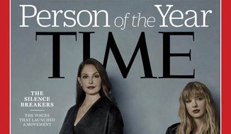 This image provided by Time magazine, shows the cover of the magazine&#39;s Person of the Year edition as &quot;The Silence Breakers,&quot; those who have shared their stories about sexual assault and harassment. The magazine&#39;s cover features Ashley Judd, Taylor Swift, Susan Fowler and others who say they have been harassed. (Time Magazine via AP)