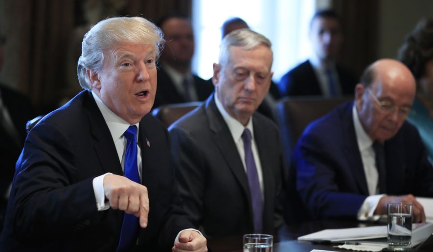 President Donald Trump with Secretary of Defense Jim Mattis, center and Secretary of Commerce Wilbur Ross, right, speaks during a cabinet meeting in the Cabinet Meeting Room of the White House in Washington, Wednesday, Dec. 6, 2017. (AP Photo/Manuel Balce Ceneta)
