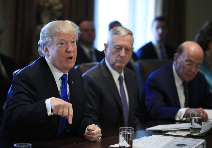 President Donald Trump with Secretary of Defense Jim Mattis, center and Secretary of Commerce Wilbur Ross, right, speaks during a cabinet meeting in the Cabinet Meeting Room of the White House in Washington, Wednesday, Dec. 6, 2017. (AP Photo/Manuel Balce Ceneta)