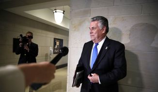 Rep. Peter King, R-N.Y., talks to the media as he leaves a House Intelligence Committee meeting as it breaks for a vote from interviewing the president&#39;s oldest son, Donald Trump Jr., behind closed doors on Capitol Hill, Wednesday, Dec. 6, 2017, in Washington. (AP Photo/Jacquelyn Martin) ** FILE **