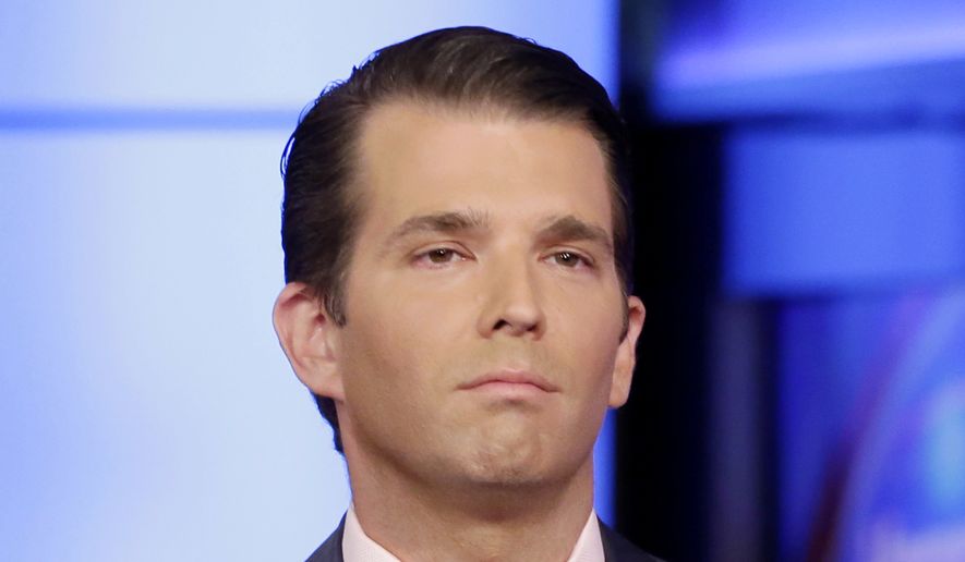 In this July 11, 2017, file photo, Donald Trump Jr. is interviewed by host Sean Hannity on his Fox News Channel television program, in New York.  Trump has arrived on Capitol Hill for a private interview as part of the House intelligence committee&#x27;s investigation into Russian interference in the 2016 election.  (AP Photo/Richard Drew) **FILE**